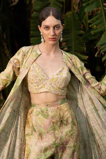 Shop Névoh Green Jacquard, Tissue Mandarin Collar, Plunge Neck Water Print Jacket Set Online at Aza Fashions Shop_Névoh_Green Jacquard, Tissue Mandarin Collar, Plunge Neck Water Print Jacket Set _Online_at_Aza_Fashions