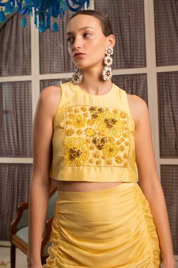 Shop Névoh Yellow Dupion, Silk Round Neck Floral Embroidered Top And Skirt Set Online at Aza Fashions Shop_Névoh_Yellow Dupion, Silk Round Neck Floral Embroidered Top And Skirt Set _Online_at_Aza_Fashions