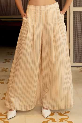 Névoh Ivory Chanderi High Neck Stripe Embroidered Crop Top And Pant Set Online at Aza Fashions Névoh_Ivory Chanderi High Neck Stripe Embroidered Crop Top And Pant Set _Online_at_Aza_Fashions