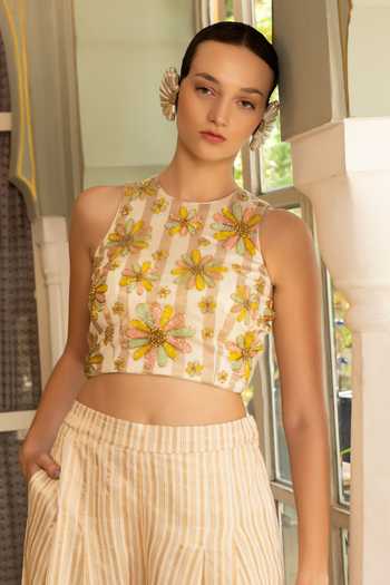 Buy Névoh Ivory Chanderi High Neck Stripe Embroidered Crop Top And Pant Set Online at Aza Fashions Buy_Névoh_Ivory Chanderi High Neck Stripe Embroidered Crop Top And Pant Set _Online_at_Aza_Fashions
