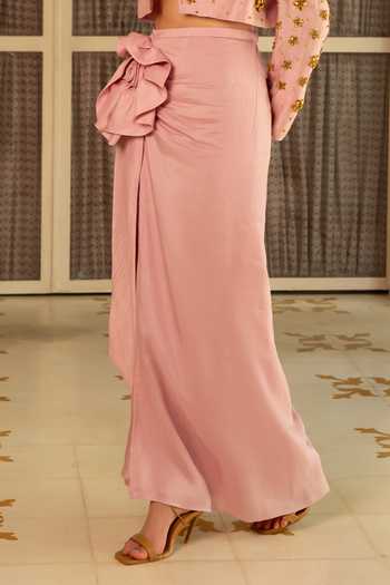 Névoh Pink Silk, Dupion Mandarin Collar, Bandeau Neck Embroidered Jacket Skirt Set Online at Aza Fashions Névoh_Pink Silk, Dupion Mandarin Collar, Bandeau Neck Embroidered Jacket Skirt Set _Online_at_Aza_Fashions