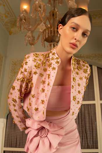 Buy Névoh Pink Silk, Dupion Mandarin Collar, Bandeau Neck Embroidered Jacket Skirt Set Online at Aza Fashions Buy_Névoh_Pink Silk, Dupion Mandarin Collar, Bandeau Neck Embroidered Jacket Skirt Set _Online_at_Aza_Fashions
