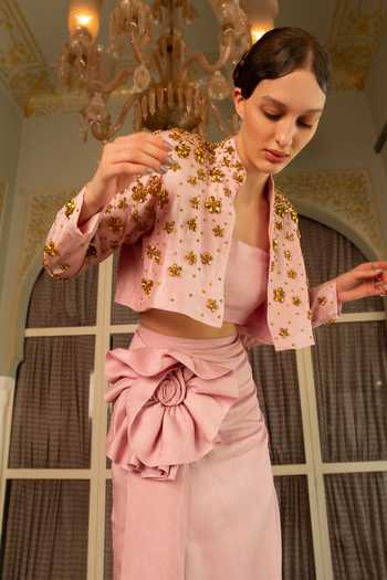 Shop Névoh Pink Silk, Dupion Mandarin Collar, Bandeau Neck Embroidered Jacket Skirt Set Online at Aza Fashions Shop_Névoh_Pink Silk, Dupion Mandarin Collar, Bandeau Neck Embroidered Jacket Skirt Set _Online_at_Aza_Fashions