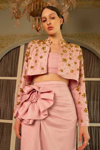 Névoh Pink Silk, Dupion Mandarin Collar, Bandeau Neck Embroidered Jacket Skirt Set at Aza Fashions Névoh_Pink Silk, Dupion Mandarin Collar, Bandeau Neck Embroidered Jacket Skirt Set _at_Aza_Fashions
