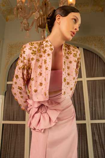 Buy Névoh Pink Silk, Dupion Mandarin Collar, Bandeau Neck Embroidered Jacket Skirt Set Buy_Névoh_Pink Silk, Dupion Mandarin Collar, Bandeau Neck Embroidered Jacket Skirt Set