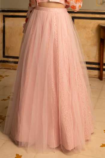 Névoh Pink Net, Lace, Chantilly, Silk, Dupion Embroidered Cropped Jacket Lehenga Set Online at Aza Fashions Névoh_Pink Net, Lace, Chantilly, Silk, Dupion Embroidered Cropped Jacket Lehenga Set _Online_at_Aza_Fashions