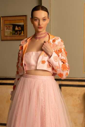 Buy Névoh Pink Net, Lace, Chantilly, Silk, Dupion Embroidered Cropped Jacket Lehenga Set Online at Aza Fashions Buy_Névoh_Pink Net, Lace, Chantilly, Silk, Dupion Embroidered Cropped Jacket Lehenga Set _Online_at_Aza_Fashions