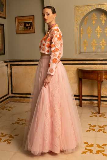 Shop Névoh Pink Net, Lace, Chantilly, Silk, Dupion Embroidered Cropped Jacket Lehenga Set Online at Aza Fashions Shop_Névoh_Pink Net, Lace, Chantilly, Silk, Dupion Embroidered Cropped Jacket Lehenga Set _Online_at_Aza_Fashions