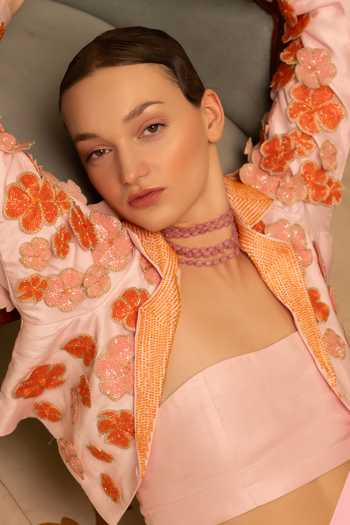 Névoh Pink Net, Lace, Chantilly, Silk, Dupion Embroidered Cropped Jacket Lehenga Set at Aza Fashions Névoh_Pink Net, Lace, Chantilly, Silk, Dupion Embroidered Cropped Jacket Lehenga Set _at_Aza_Fashions