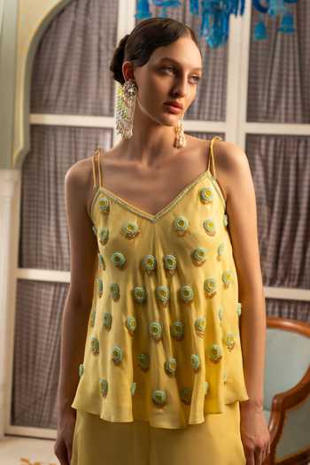 Buy Névoh Yellow Silk, Dupion, Organza Beads V-neck Flower Embroidered Top And Palazzo Set Online at Aza Fashions Buy_Névoh_Yellow Silk, Dupion, Organza Beads V-neck Flower Embroidered Top And Palazzo Set _Online_at_Aza_Fashions