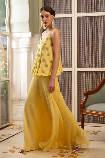 Shop Névoh Yellow Silk, Dupion, Organza Beads V-neck Flower Embroidered Top And Palazzo Set Online at Aza Fashions Shop_Névoh_Yellow Silk, Dupion, Organza Beads V-neck Flower Embroidered Top And Palazzo Set _Online_at_Aza_Fashions