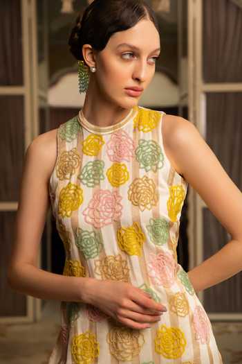 Névoh Ivory Chanderi High Neck, Yes Striped Embroidered Kurta And Pant Set Online at Aza Fashions Névoh_Ivory Chanderi High Neck, Yes Striped Embroidered Kurta And Pant Set _Online_at_Aza_Fashions