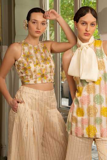 Shop Névoh Ivory Chanderi High Neck, Yes Striped Embroidered Kurta And Pant Set Online at Aza Fashions Shop_Névoh_Ivory Chanderi High Neck, Yes Striped Embroidered Kurta And Pant Set _Online_at_Aza_Fashions