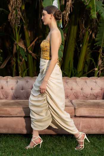 Shop Névoh Yellow Jacquard, Organza Bandeau Neck Embroidered Top And Skirt Set Online at Aza Fashions Shop_Névoh_Yellow Jacquard, Organza Bandeau Neck Embroidered Top And Skirt Set _Online_at_Aza_Fashions