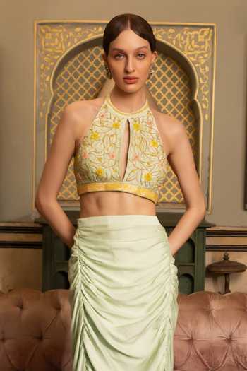 Névoh Green Silk, Dupion Halter Neck, Keyhole Gold Leaf Embroidered Top And Skirt Set Online at Aza Fashions Névoh_Green Silk, Dupion Halter Neck, Keyhole Gold Leaf Embroidered Top And Skirt Set _Online_at_Aza_Fashions
