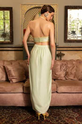 Névoh Gold Leaf Embroidered Dupion Silk Top & Skirt Set 