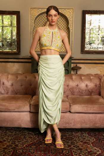 Névoh Gold Leaf Embroidered Dupion Silk Top & Skirt Set 