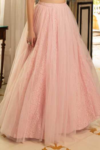 Névoh Pink Chantilly, Net, Lace, Silk, Dupion Halter Embellished Top And Lehenga Set Online at Aza Fashions Névoh_Pink Chantilly, Net, Lace, Silk, Dupion Halter Embellished Top And Lehenga Set _Online_at_Aza_Fashions