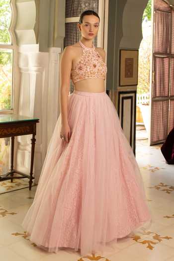 Buy Névoh Pink Chantilly, Net, Lace, Silk, Dupion Halter Embellished Top And Lehenga Set Online at Aza Fashions Buy_Névoh_Pink Chantilly, Net, Lace, Silk, Dupion Halter Embellished Top And Lehenga Set _Online_at_Aza_Fashions