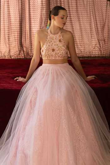 Shop Névoh Pink Chantilly, Net, Lace, Silk, Dupion Halter Embellished Top And Lehenga Set Online at Aza Fashions Shop_Névoh_Pink Chantilly, Net, Lace, Silk, Dupion Halter Embellished Top And Lehenga Set _Online_at_Aza_Fashions