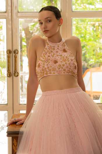 Névoh Pink Chantilly, Net, Lace, Silk, Dupion Halter Embellished Top And Lehenga Set at Aza Fashions Névoh_Pink Chantilly, Net, Lace, Silk, Dupion Halter Embellished Top And Lehenga Set _at_Aza_Fashions
