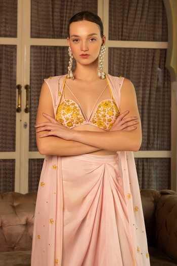 Buy Névoh Pink Organza, Silk, Dupion Open Neck, Sweetheart Embroidered Jacket Skirt Set Online at Aza Fashions Buy_Névoh_Pink Organza, Silk, Dupion Open Neck, Sweetheart Embroidered Jacket Skirt Set _Online_at_Aza_Fashions