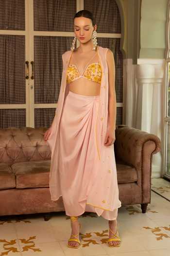 Shop Névoh Pink Organza, Silk, Dupion Open Neck, Sweetheart Embroidered Jacket Skirt Set Online at Aza Fashions Shop_Névoh_Pink Organza, Silk, Dupion Open Neck, Sweetheart Embroidered Jacket Skirt Set _Online_at_Aza_Fashions