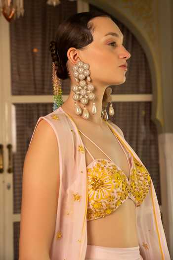 Névoh Pink Organza, Silk, Dupion Open Neck, Sweetheart Embroidered Jacket Skirt Set at Aza Fashions Névoh_Pink Organza, Silk, Dupion Open Neck, Sweetheart Embroidered Jacket Skirt Set _at_Aza_Fashions