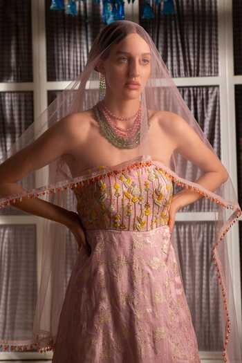 Shop Névoh Pink Net Bandeau Neck Zari Work Anarkali With Dupatta Online at Aza Fashions Shop_Névoh_Pink Net Bandeau Neck Zari Work Anarkali With Dupatta _Online_at_Aza_Fashions