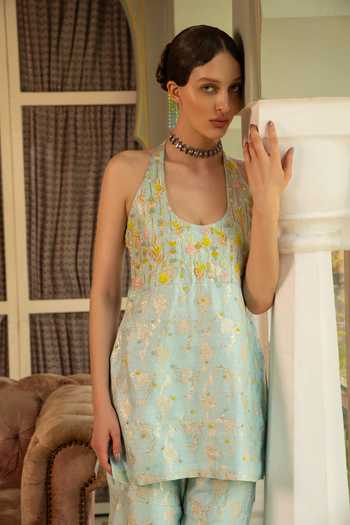 Buy Névoh Blue Net Halter Neck Zari Embroidered Kurta Set Online at Aza Fashions Buy_Névoh_Blue Net Halter Neck Zari Embroidered Kurta Set _Online_at_Aza_Fashions