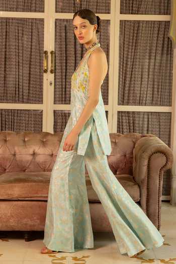 Shop Névoh Blue Net Halter Neck Zari Embroidered Kurta Set Online at Aza Fashions Shop_Névoh_Blue Net Halter Neck Zari Embroidered Kurta Set _Online_at_Aza_Fashions