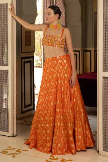 Shop Névoh Orange Open , Square Floral Woven Jacket Lehenga Set Online at Aza Fashions Shop_Névoh_Orange Open , Square Floral Woven Jacket Lehenga Set _Online_at_Aza_Fashions