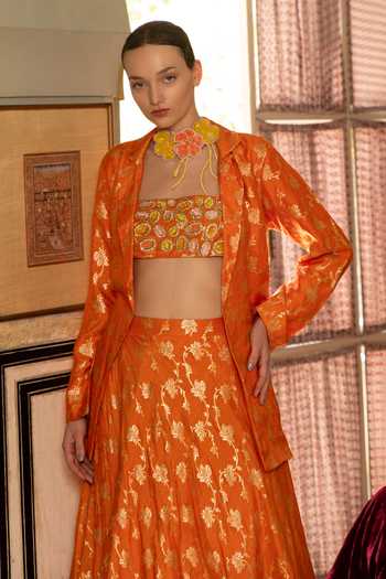 Névoh Orange Open , Square Floral Woven Jacket Lehenga Set at Aza Fashions Névoh_Orange Open , Square Floral Woven Jacket Lehenga Set _at_Aza_Fashions