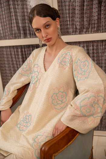 Shop Névoh Ivory Jacquard V-neck Woven Kurta And Pant Set Online at Aza Fashions Shop_Névoh_Ivory Jacquard V-neck Woven Kurta And Pant Set _Online_at_Aza_Fashions