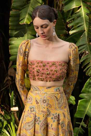 Shop Névoh Pink Jacquard Square Neck Paisley Print Bustier And Pant Set Online at Aza Fashions Shop_Névoh_Pink Jacquard Square Neck Paisley Print Bustier And Pant Set _Online_at_Aza_Fashions