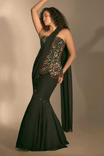 Premya By Manishii_Black Georgette, Tulle Beads, Hand Embroidered Pre-draped Saree With Corset _at_Aza_Fashions