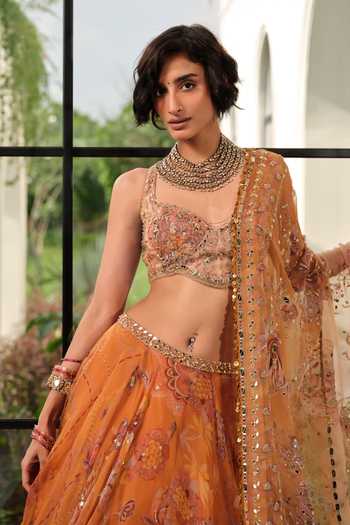 Shop Mahima Mahajan Yellow Silk Organza Sweetheart Neck Iris Floral Print And Embroidered Lehenga Set Online at Aza Fashions Shop_Mahima Mahajan_Yellow Silk Organza Sweetheart Neck Iris Floral Print And Embroidered Lehenga Set _Online_at_Aza_Fashions