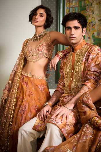 Mahima Mahajan Yellow Silk Organza Sweetheart Neck Iris Floral Print And Embroidered Lehenga Set at Aza Fashions Mahima Mahajan_Yellow Silk Organza Sweetheart Neck Iris Floral Print And Embroidered Lehenga Set _at_Aza_Fashions