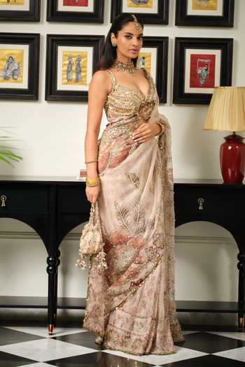 Mahima Mahajan Beige Silk Organza Embroidery, Maisa Floral Print Saree With Corset Blouse Online at Aza Fashions Mahima Mahajan_Beige Silk Organza Embroidery, Maisa Floral Print Saree With Corset Blouse _Online_at_Aza_Fashions