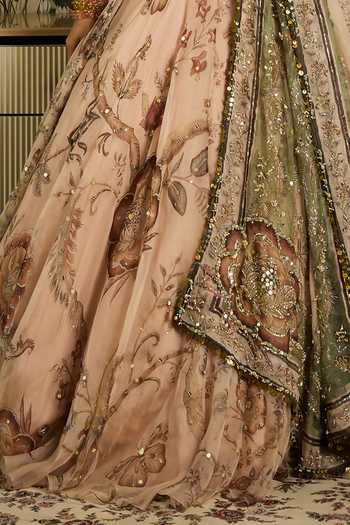 Mahima Mahajan Beige Silk Organza Sweetheart Neck Saachi Printed Embroidered Lehenga Set Online at Aza Fashions Mahima Mahajan_Beige Silk Organza Sweetheart Neck Saachi Printed Embroidered Lehenga Set _Online_at_Aza_Fashions