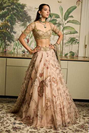 Buy Mahima Mahajan Beige Silk Organza Sweetheart Neck Saachi Printed Embroidered Lehenga Set Buy_Mahima Mahajan_Beige Silk Organza Sweetheart Neck Saachi Printed Embroidered Lehenga Set