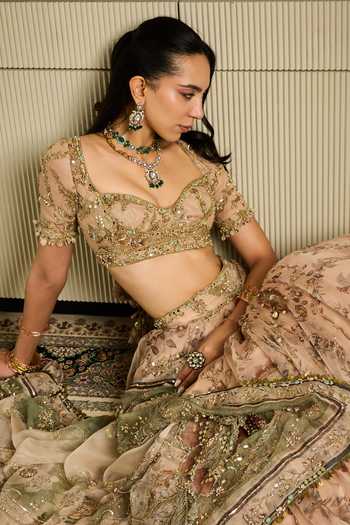 Shop Mahima Mahajan Beige Silk Organza Sweetheart Neck Saachi Printed Embroidered Lehenga Set Shop_Mahima Mahajan_Beige Silk Organza Sweetheart Neck Saachi Printed Embroidered Lehenga Set