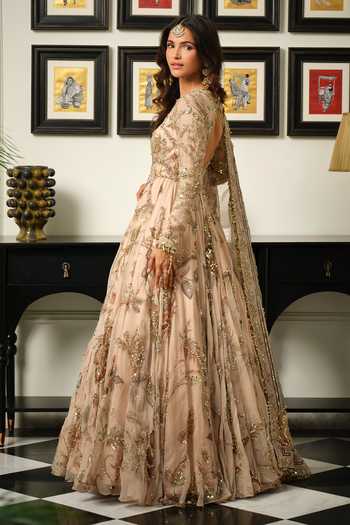 Buy Mahima Mahajan Beige Silk Organza Round Neck Samara Embroidered Anarkali With Dupatta Online at Aza Fashions Buy_Mahima Mahajan_Beige Silk Organza Round Neck Samara Embroidered Anarkali With Dupatta _Online_at_Aza_Fashions