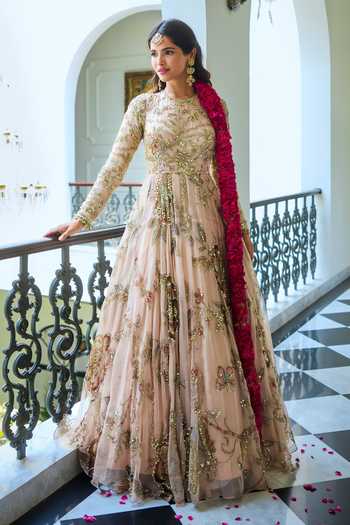 Mahima Mahajan Beige Silk Organza Round Neck Samara Embroidered Anarkali With Dupatta at Aza Fashions Mahima Mahajan_Beige Silk Organza Round Neck Samara Embroidered Anarkali With Dupatta _at_Aza_Fashions