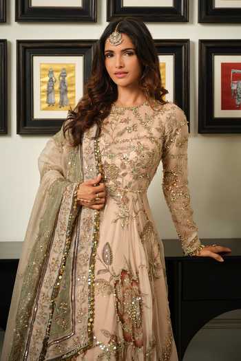 Buy Mahima Mahajan Beige Silk Organza Round Neck Samara Embroidered Anarkali With Dupatta Buy_Mahima Mahajan_Beige Silk Organza Round Neck Samara Embroidered Anarkali With Dupatta
