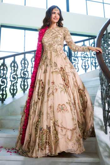 Shop Mahima Mahajan Beige Silk Organza Round Neck Samara Embroidered Anarkali With Dupatta Shop_Mahima Mahajan_Beige Silk Organza Round Neck Samara Embroidered Anarkali With Dupatta