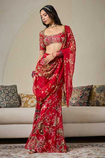 Mahima Mahajan Red Silk Organza, Silk, Velvet Square Neck Munira Embroidered Sharara Set Online at Aza Fashions Mahima Mahajan_Red Silk Organza, Silk, Velvet Square Neck Munira Embroidered Sharara Set _Online_at_Aza_Fashions
