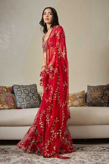 Buy Mahima Mahajan Red Silk Organza, Silk, Velvet Square Neck Munira Embroidered Sharara Set Online at Aza Fashions Buy_Mahima Mahajan_Red Silk Organza, Silk, Velvet Square Neck Munira Embroidered Sharara Set _Online_at_Aza_Fashions