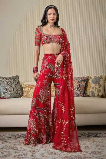 Shop Mahima Mahajan Red Silk Organza, Silk, Velvet Square Neck Munira Embroidered Sharara Set Online at Aza Fashions Shop_Mahima Mahajan_Red Silk Organza, Silk, Velvet Square Neck Munira Embroidered Sharara Set _Online_at_Aza_Fashions