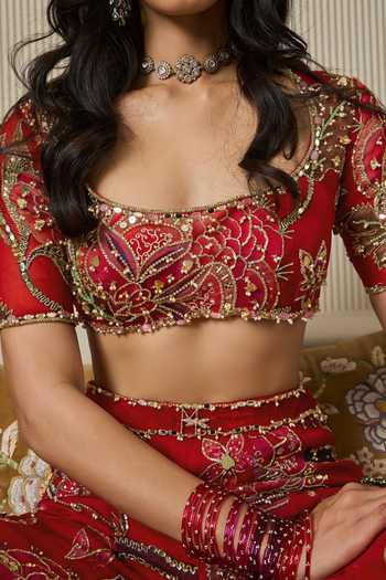 Mahima Mahajan Red Silk Organza, Silk, Velvet Square Neck Munira Embroidered Sharara Set at Aza Fashions Mahima Mahajan_Red Silk Organza, Silk, Velvet Square Neck Munira Embroidered Sharara Set _at_Aza_Fashions